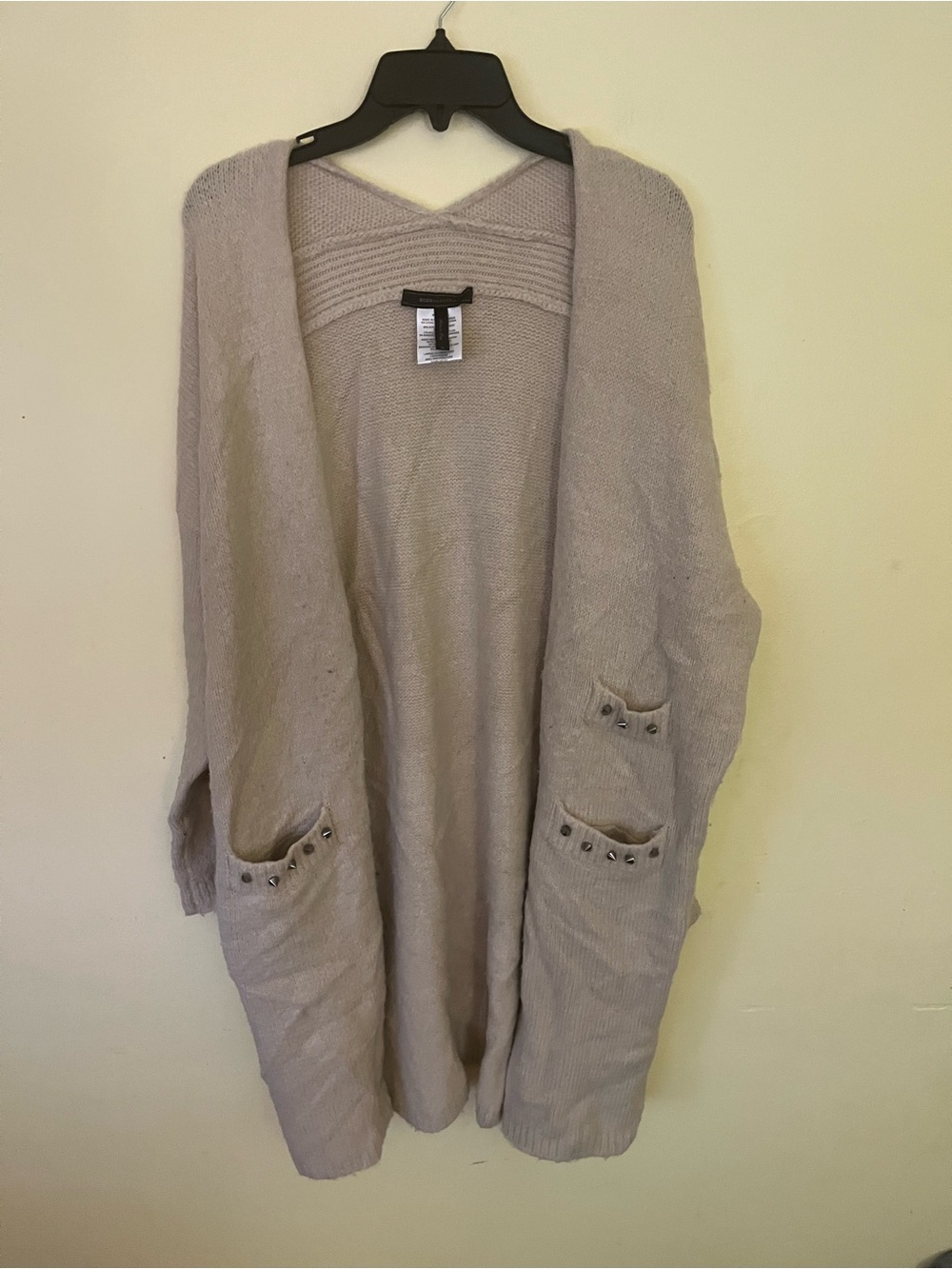 BCBGMaxAzria Beige Open-Front Stud Pocket Cardigan